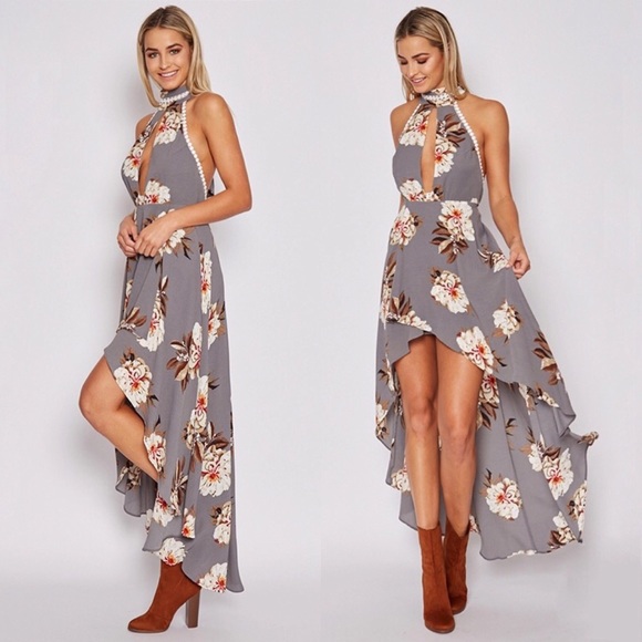 Floral Crochet Lace Halter High Low Maxi Dress - Picture 5 of 8